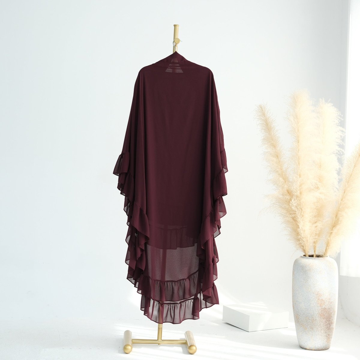 Soft Solid Color Muslim Hijabs with Flowy Cape Design |  Double-Layer Ruffle-Edged Big Swing Headscarf (MK023)