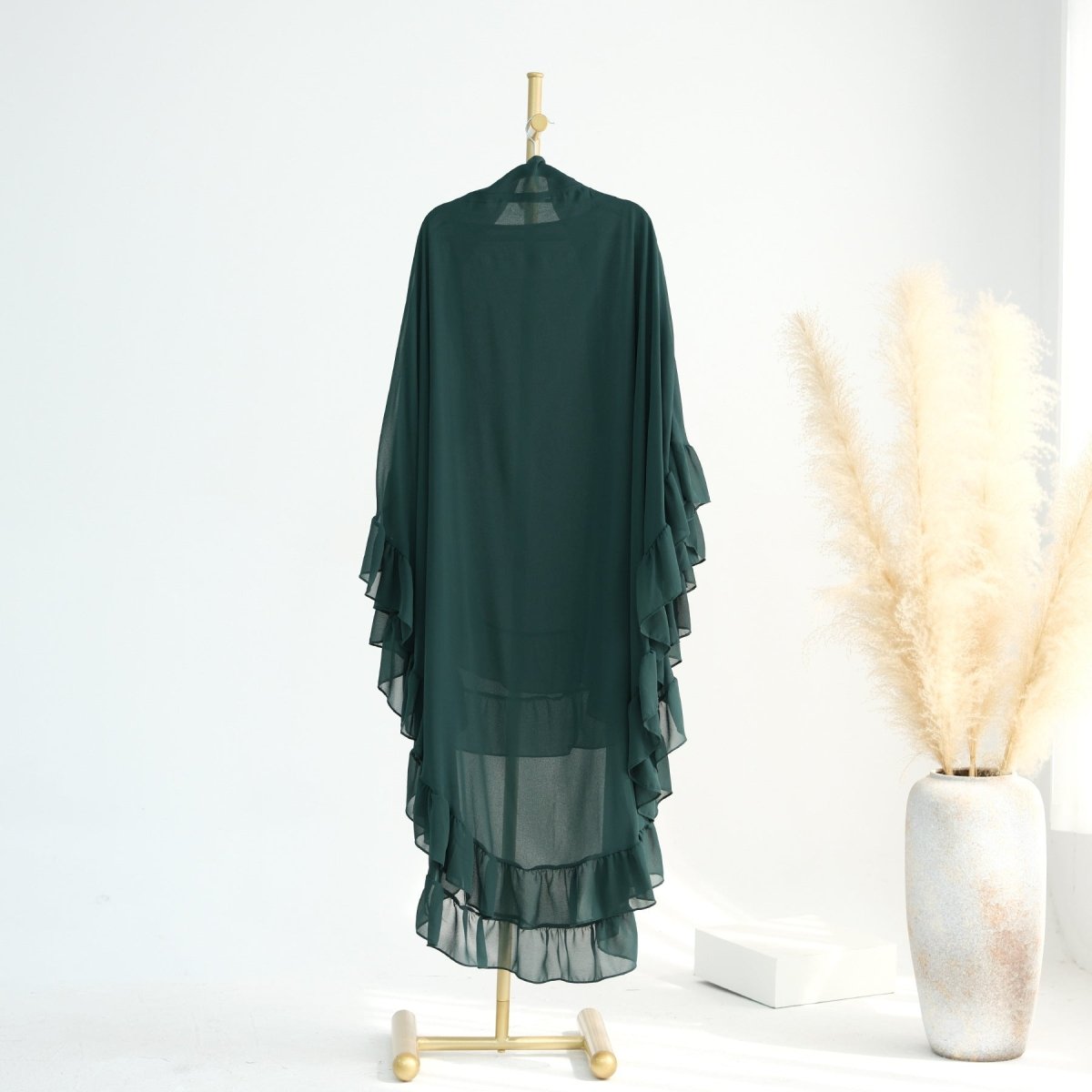 Soft Solid Color Muslim Hijabs with Flowy Cape Design |  Double-Layer Ruffle-Edged Big Swing Headscarf (MK023)