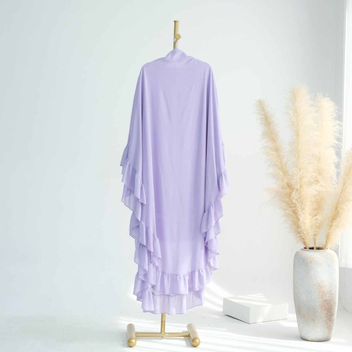 Soft Solid Color Muslim Hijabs with Flowy Cape Design |  Double-Layer Ruffle-Edged Big Swing Headscarf (MK023)