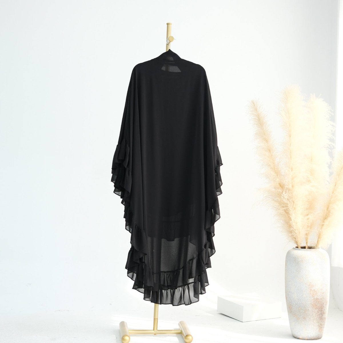 Soft Solid Color Muslim Hijabs with Flowy Cape Design |  Double-Layer Ruffle-Edged Big Swing Headscarf (MK023)