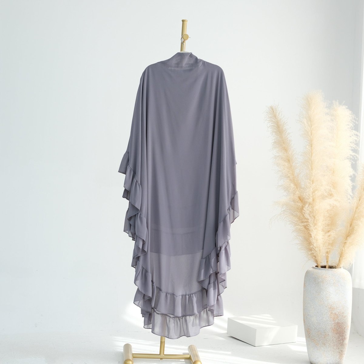 Soft Solid Color Muslim Hijabs with Flowy Cape Design |  Double-Layer Ruffle-Edged Big Swing Headscarf (MK023)