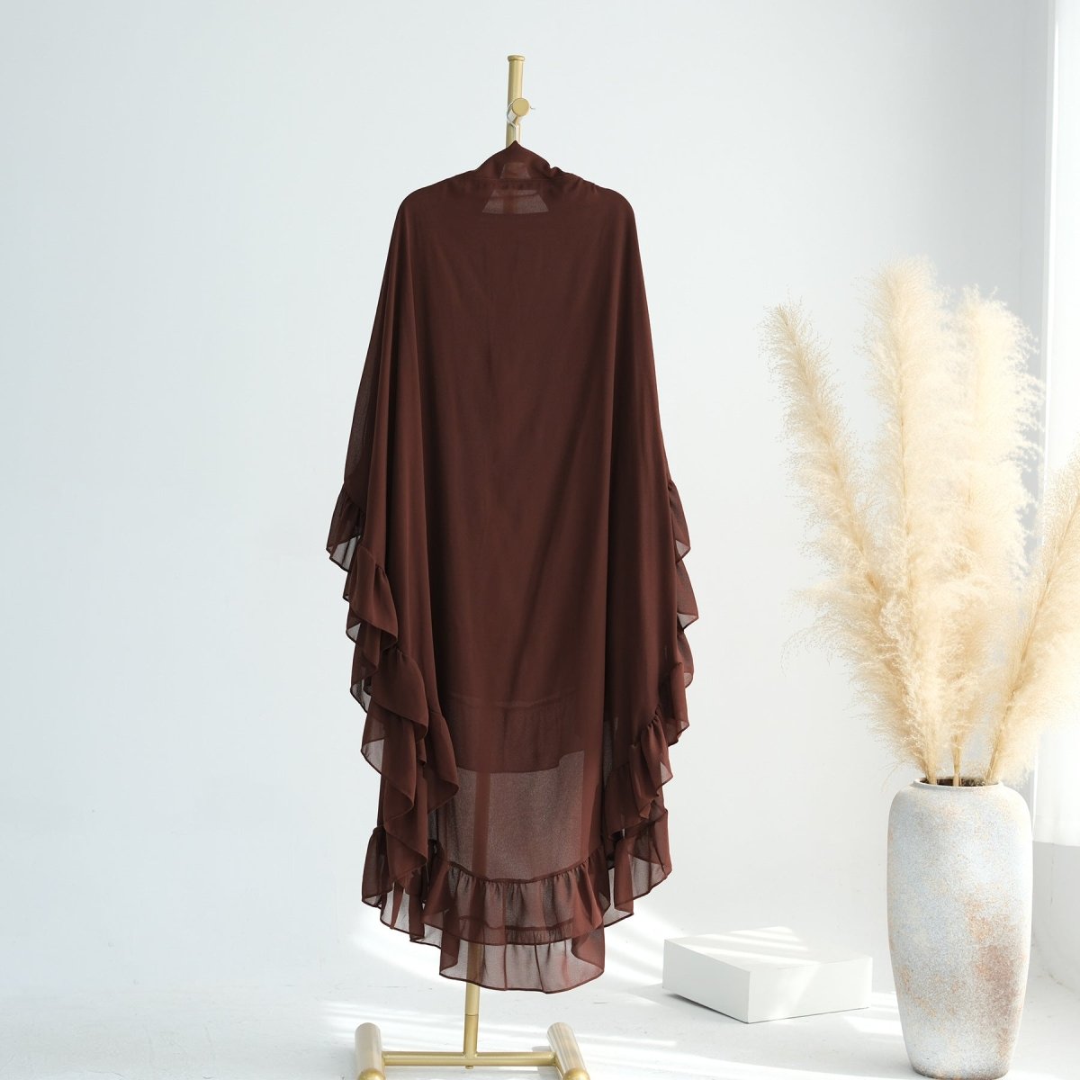Soft Solid Color Muslim Hijabs with Flowy Cape Design |  Double-Layer Ruffle-Edged Big Swing Headscarf (MK023)