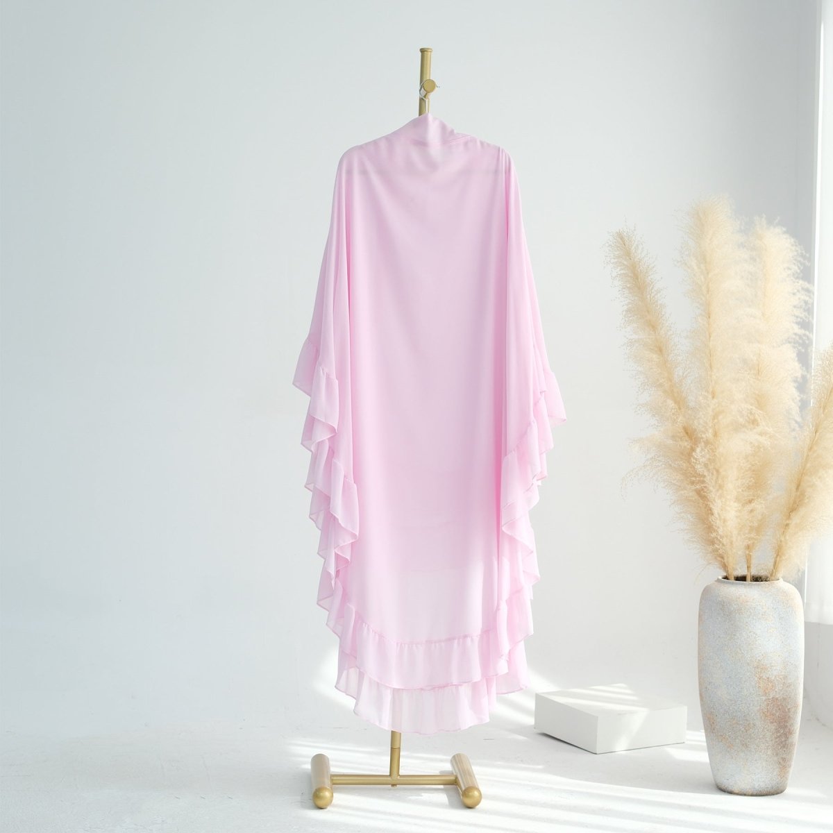 Soft Solid Color Muslim Hijabs with Flowy Cape Design |  Double-Layer Ruffle-Edged Big Swing Headscarf (MK023)