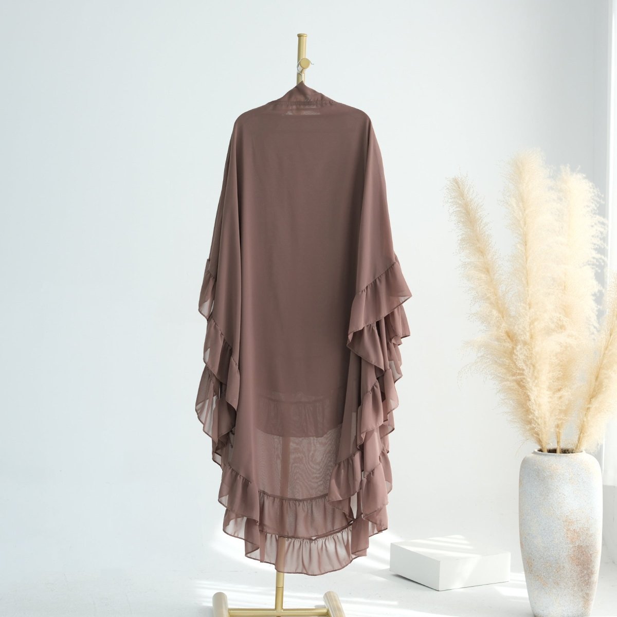Soft Solid Color Muslim Hijabs with Flowy Cape Design |  Double-Layer Ruffle-Edged Big Swing Headscarf (MK023)