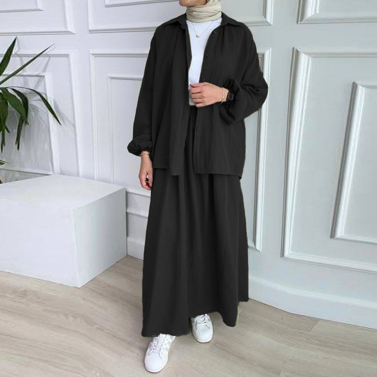 Modest Muslim Women's Bubble Sleeve Shirt Jacket & Skirt Layered Dress Set(MS078)