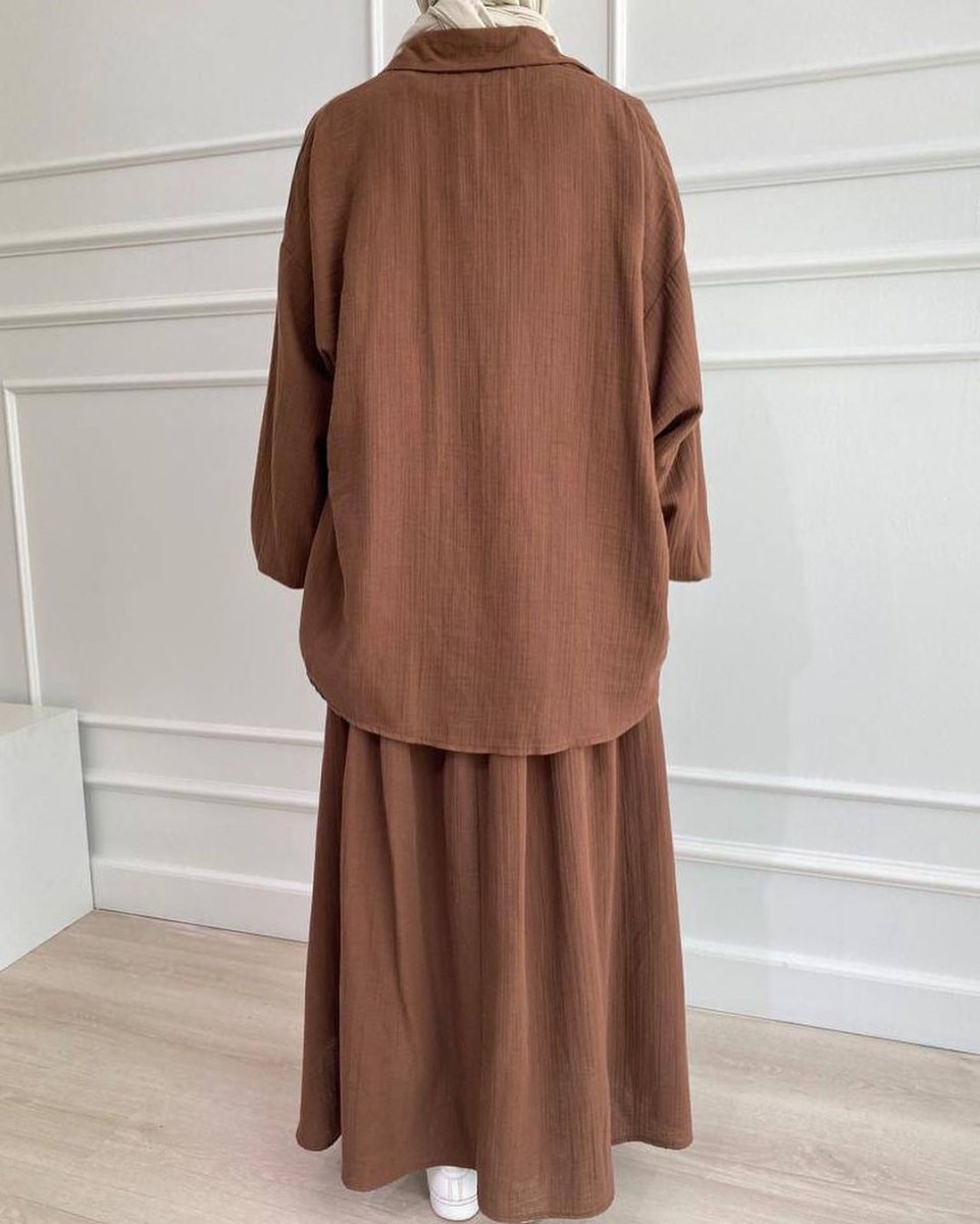 Modest Muslim Women's Bubble Sleeve Shirt Jacket & Skirt Layered Dress Set(MS078)
