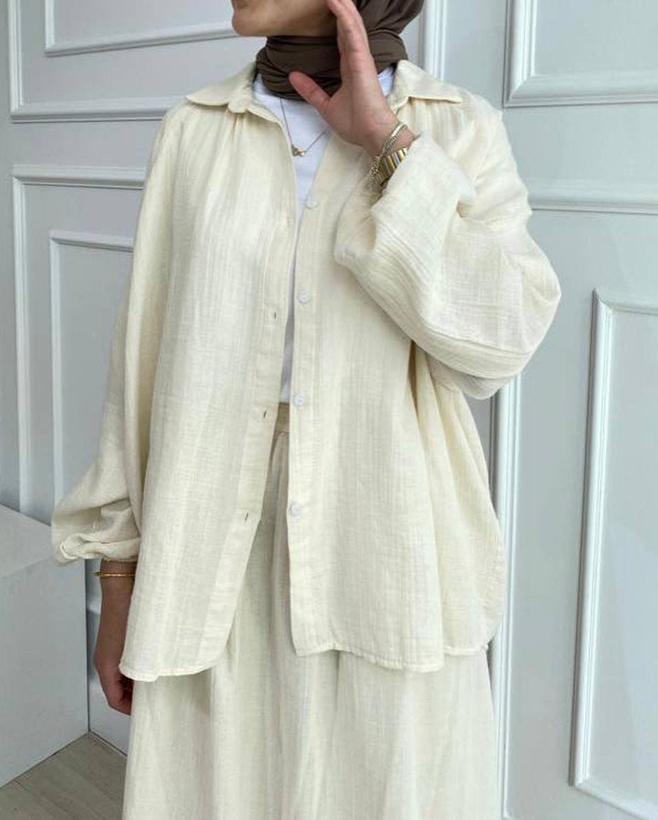 Modest Muslim Women's Bubble Sleeve Shirt Jacket & Skirt Layered Dress Set(MS078)