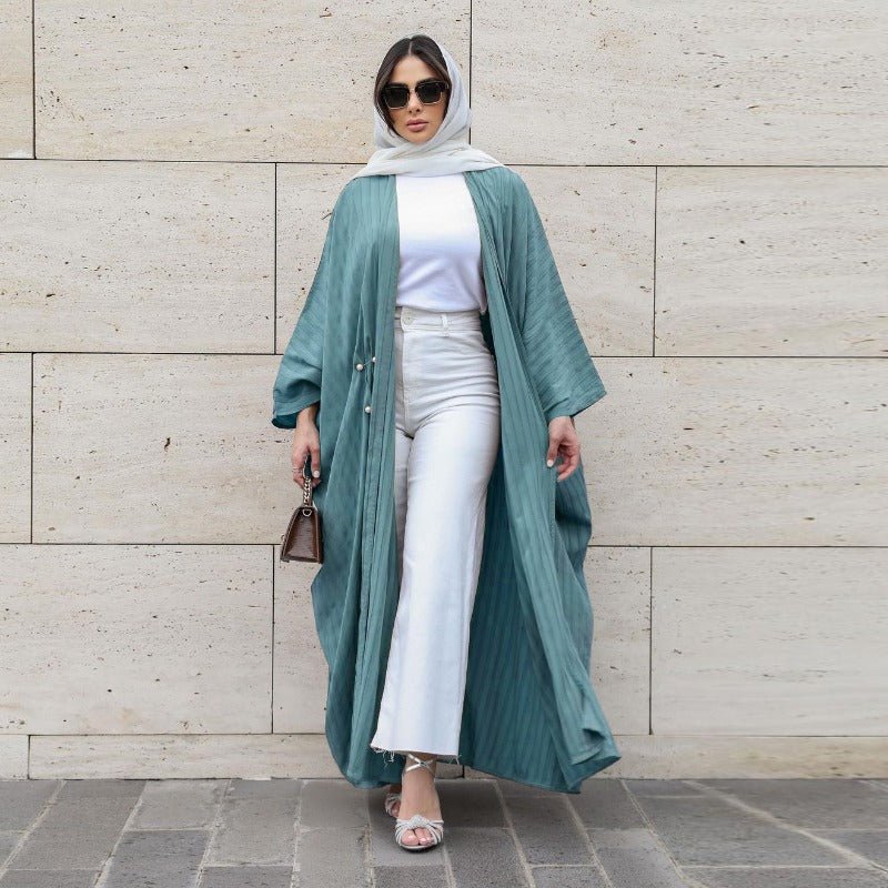 V-Neck Abaya Cardigan Robe | Bat Sleeve Kimono Cover-Up With Pearl Buttons (MOA226)