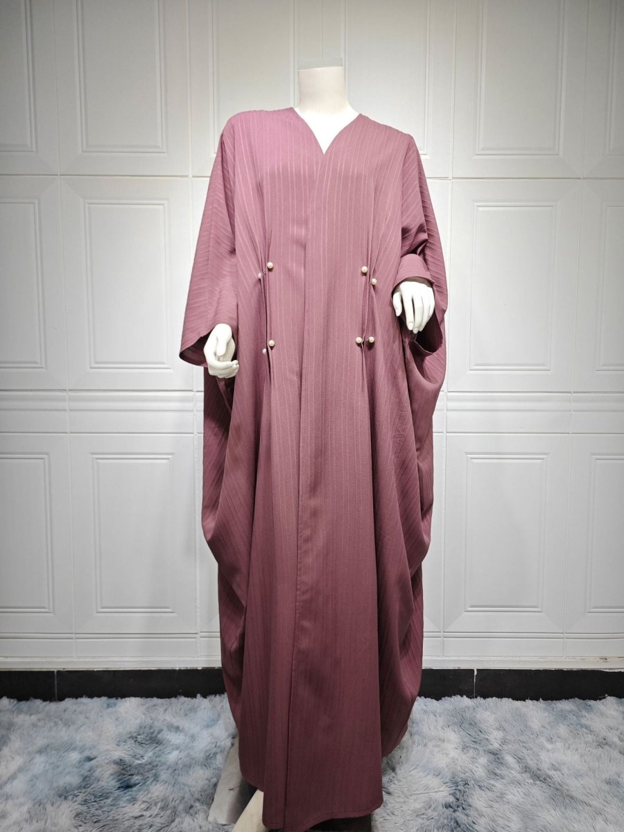 V-Neck Abaya Cardigan Robe | Bat Sleeve Kimono Cover-Up With Pearl Buttons (MOA226)