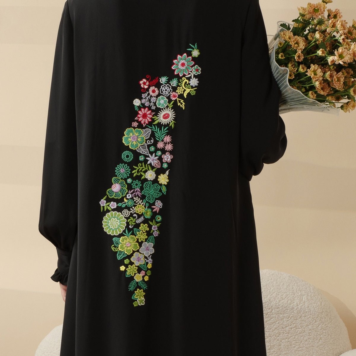 Modest Pullover Abaya with Palestinian Embroidery, Elegant Ruffled Cuff Maxi Dress (MA141)