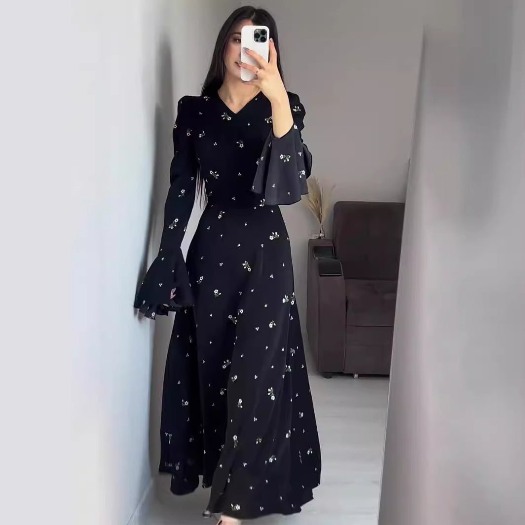 Modest V-Neck Boho Chiffon Black Floral Abaya Dress with Lotus Sleeve Flared Bell Sleeves(MA202)