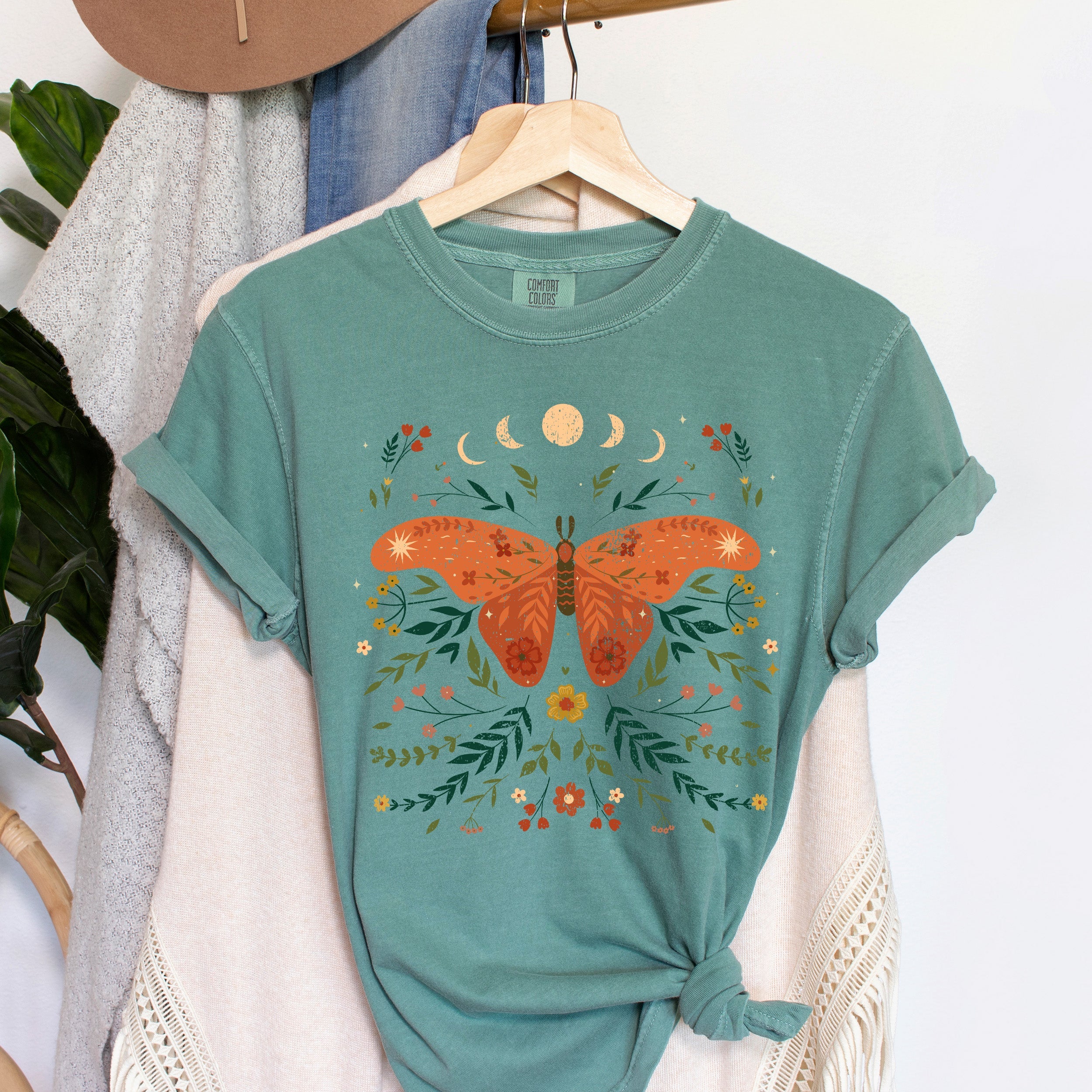 Moth Moon Phases And Ferns Celestial Ethereal Night Sky Botanical Illustration Comfort Colors Tee