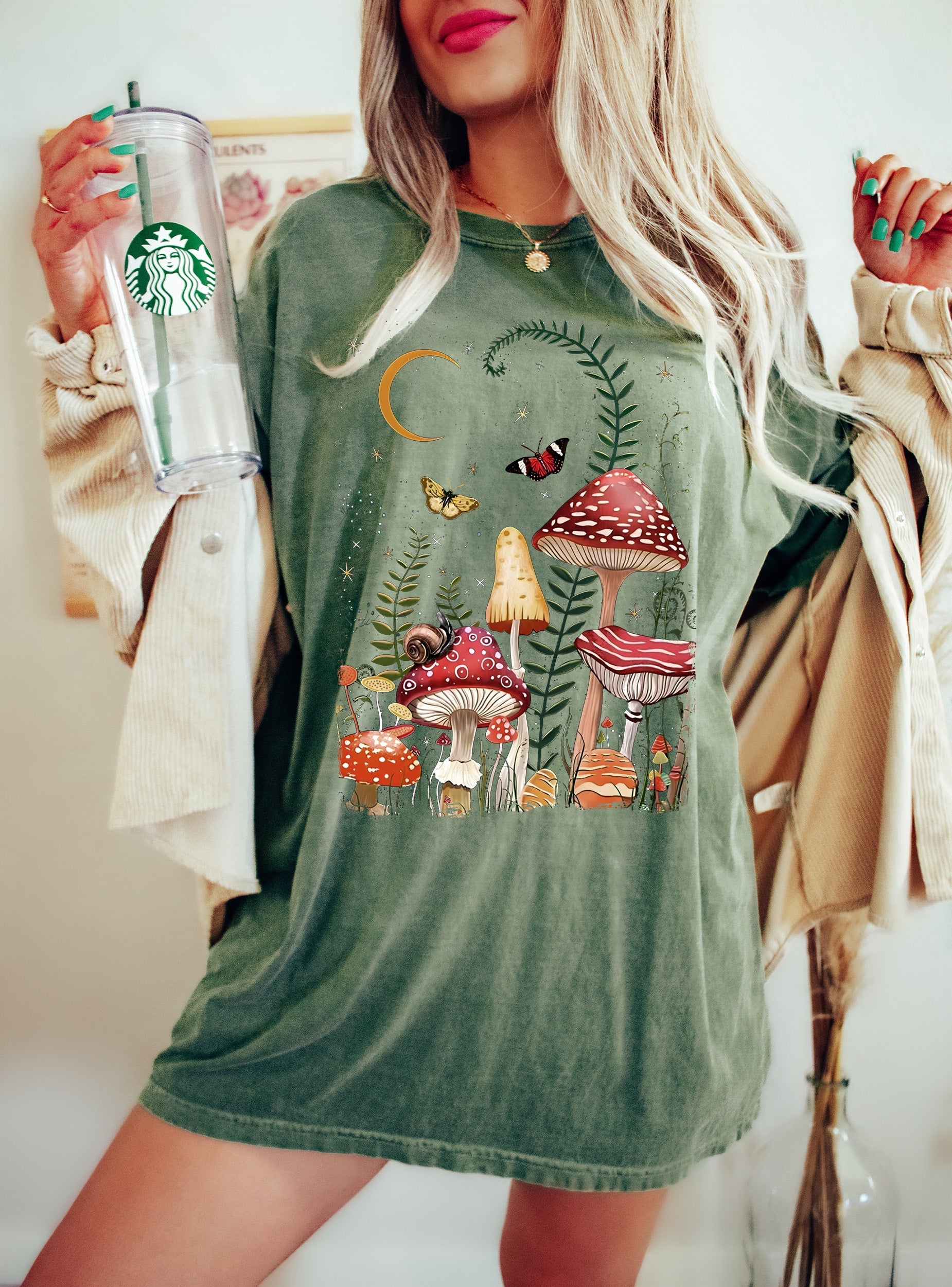 Mushrooms And Butterflies Celestial Night Garden Dreamscape With Moonlit Flora And Whimsy Comfort Colors Tee