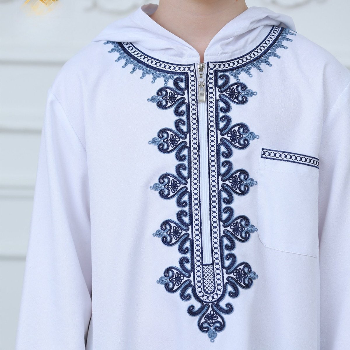 Muslim Boys Embroidered Hooded Thobe with Pockets (MKB014)