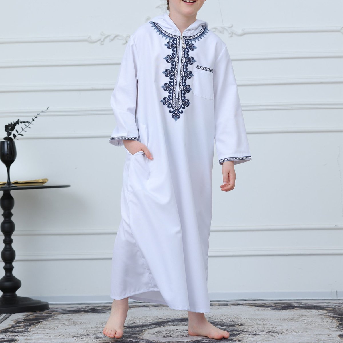 Muslim Boys Embroidered Hooded Thobe with Pockets (MKB014)