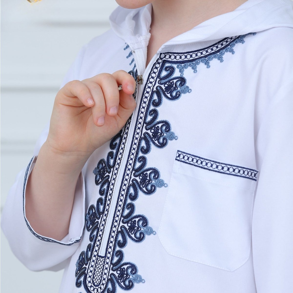 Muslim Boys Embroidered Hooded Thobe with Pockets (MKB014)