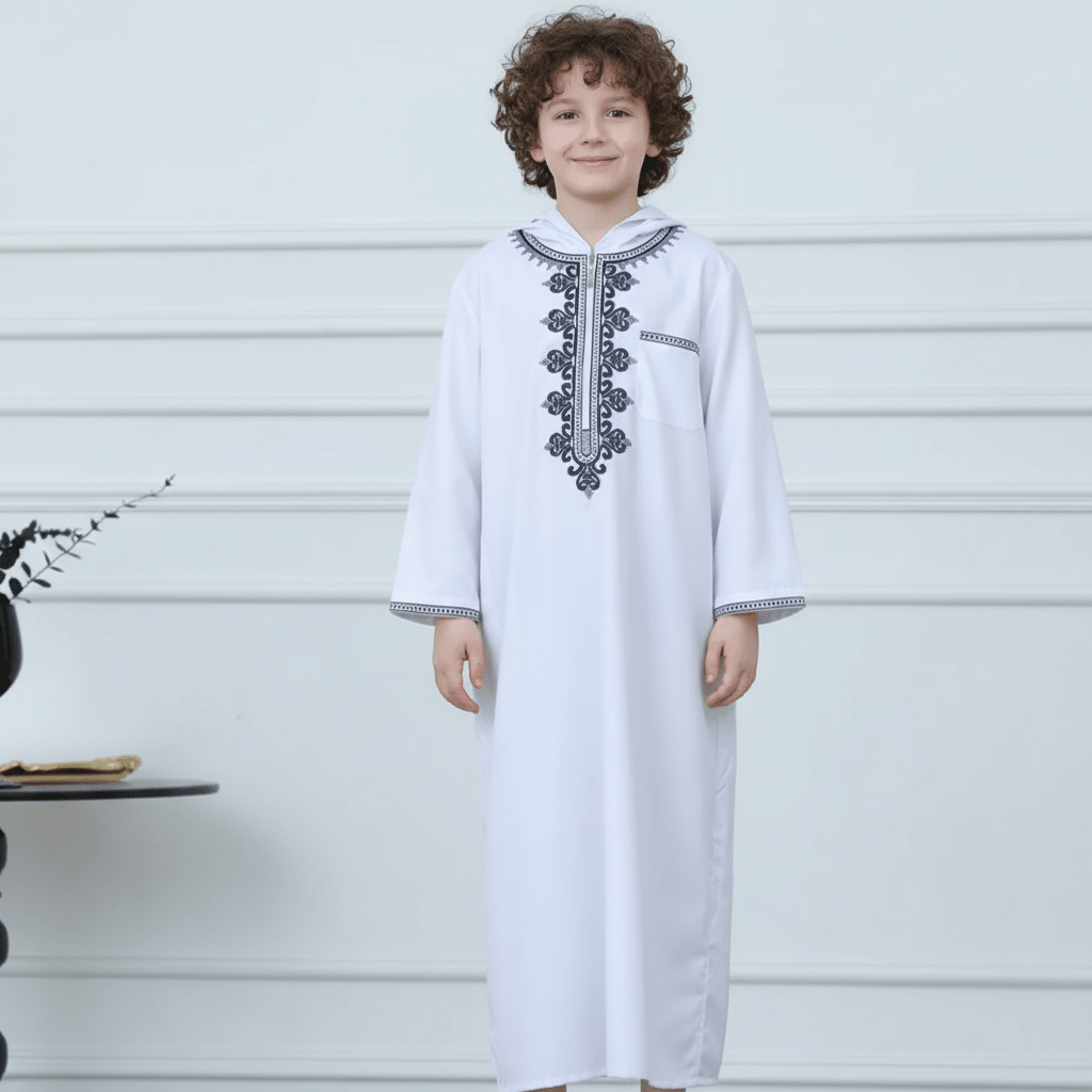 Muslim Boys Embroidered Hooded Thobe with Pockets (MKB014)