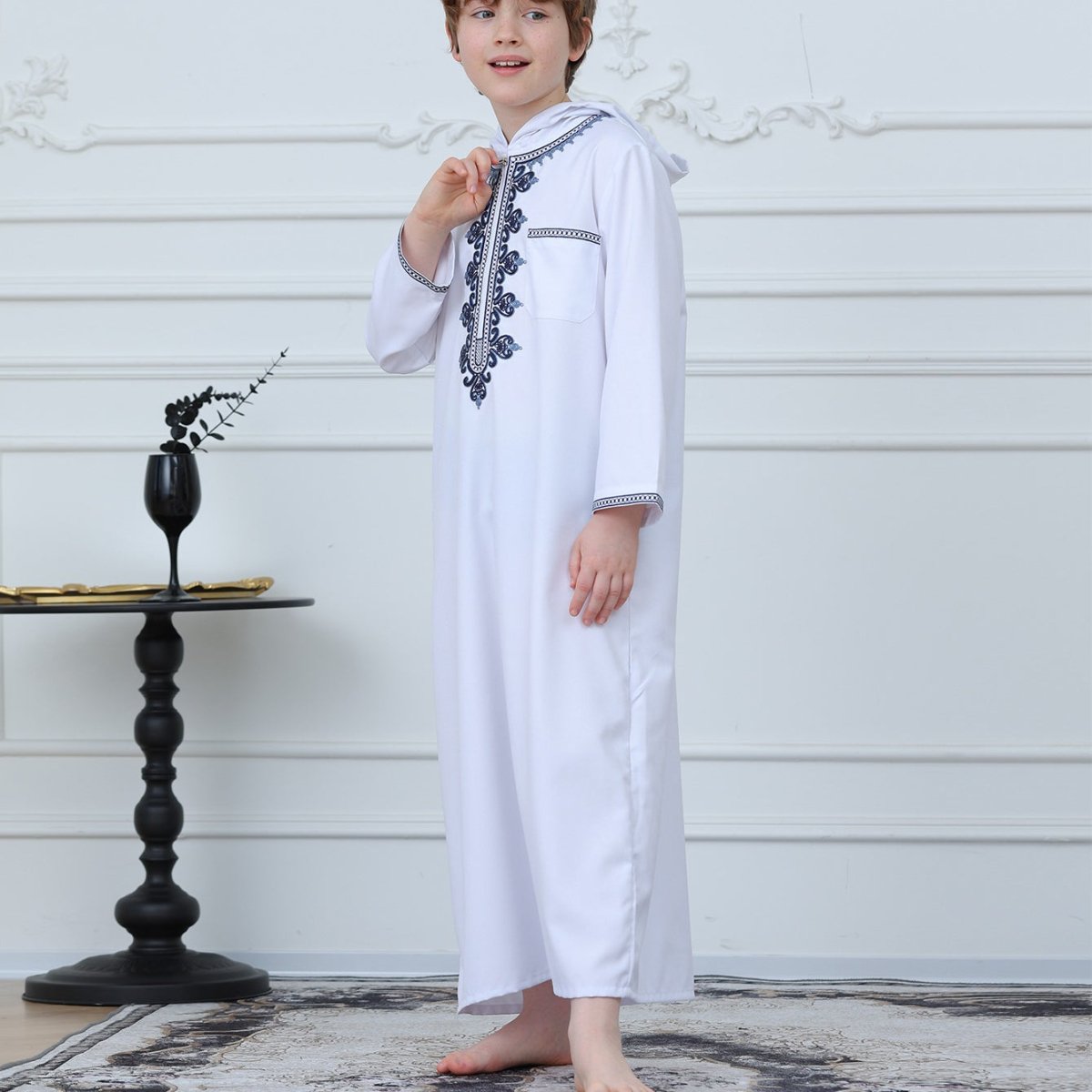 Muslim Boys Embroidered Hooded Thobe with Pockets (MKB014)