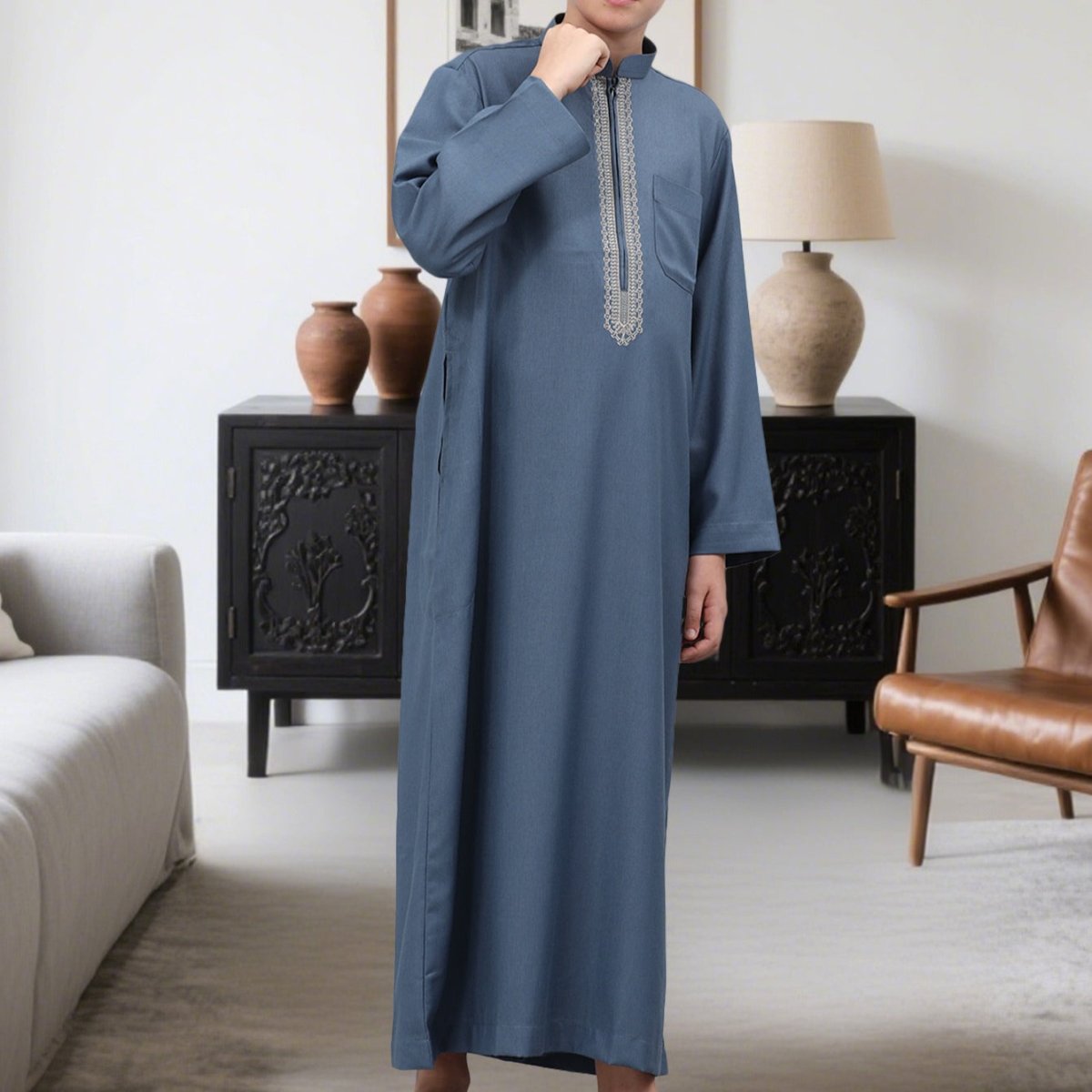 Muslim Boys Embroidered Thobe with Pockets (MKB013)