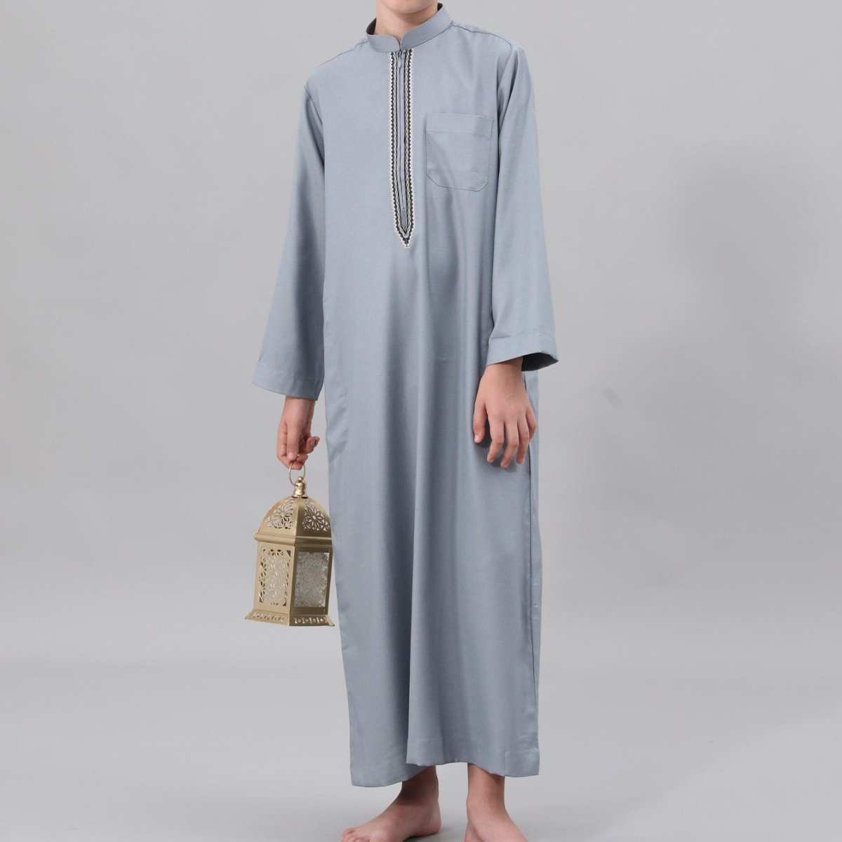 Muslim Boys Embroidered Thobe with Pockets (MKB013)