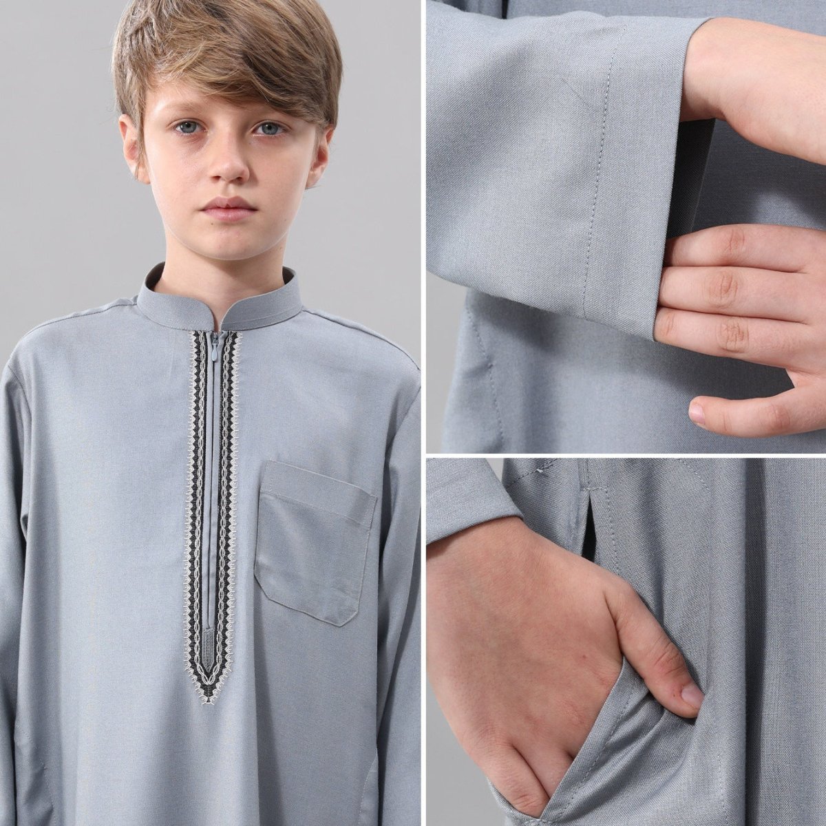 Muslim Boys Embroidered Thobe with Pockets (MKB013)