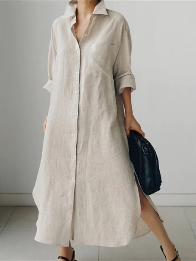 Muslim Casual Elegance Linen-Blend Shirt Dress | Modest Maxi with Button Front & Side Slits (MS096)