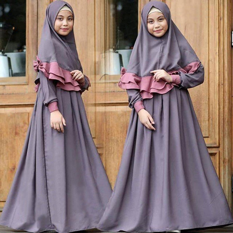 Muslim Girls Dress & Bow Hijab Set with Ruffle Trim (MKG026)