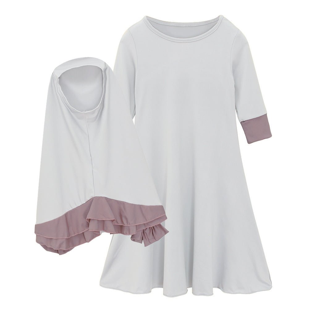 Muslim Girls Dress & Bow Hijab Set with Ruffle Trim (MKG026)