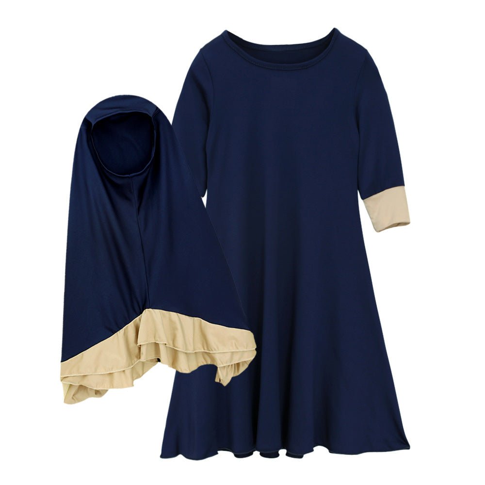 Muslim Girls Dress & Bow Hijab Set with Ruffle Trim (MKG026)
