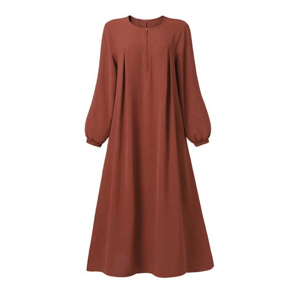 Muslim Luxury Autumn Hues Bubble Sleeve Dress | Modest Robe with Placket Zip (MA255)