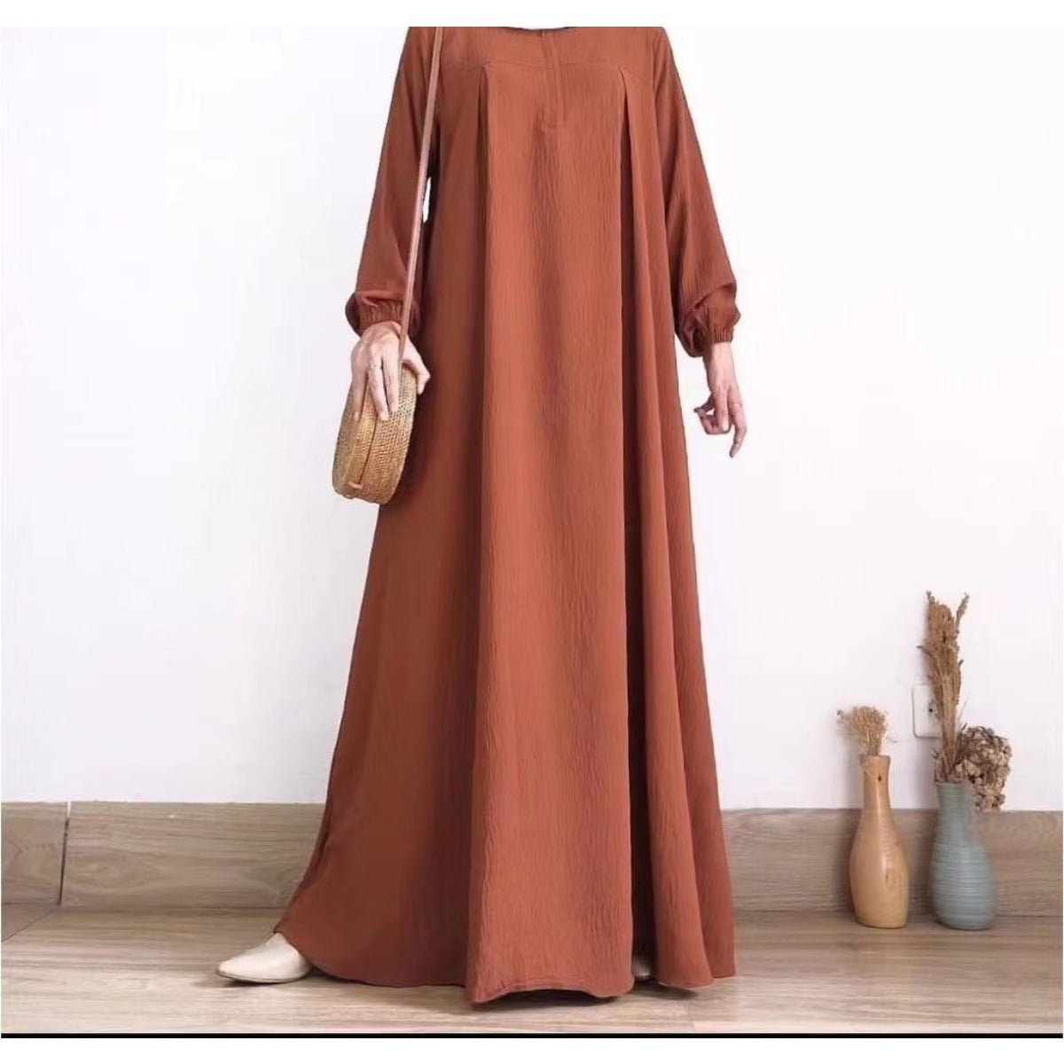 Muslim Luxury Autumn Hues Bubble Sleeve Dress | Modest Robe with Placket Zip (MA255)