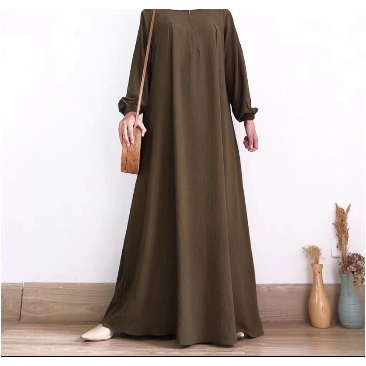 Muslim Luxury Autumn Hues Bubble Sleeve Dress | Modest Robe with Placket Zip (MA255)
