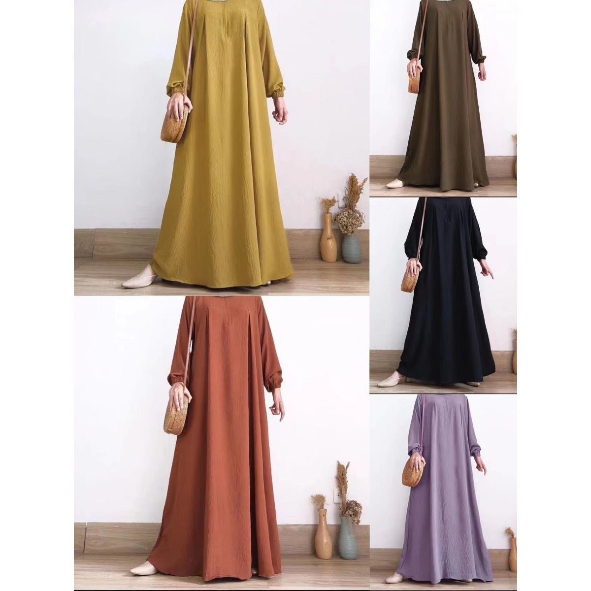Muslim Luxury Autumn Hues Bubble Sleeve Dress | Modest Robe with Placket Zip (MA255)