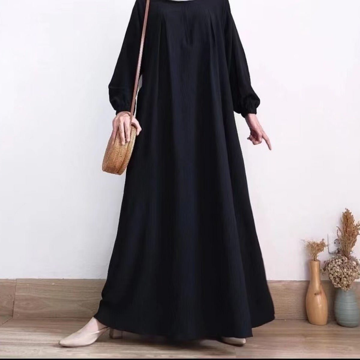 Muslim Luxury Autumn Hues Bubble Sleeve Dress | Modest Robe with Placket Zip (MA255)