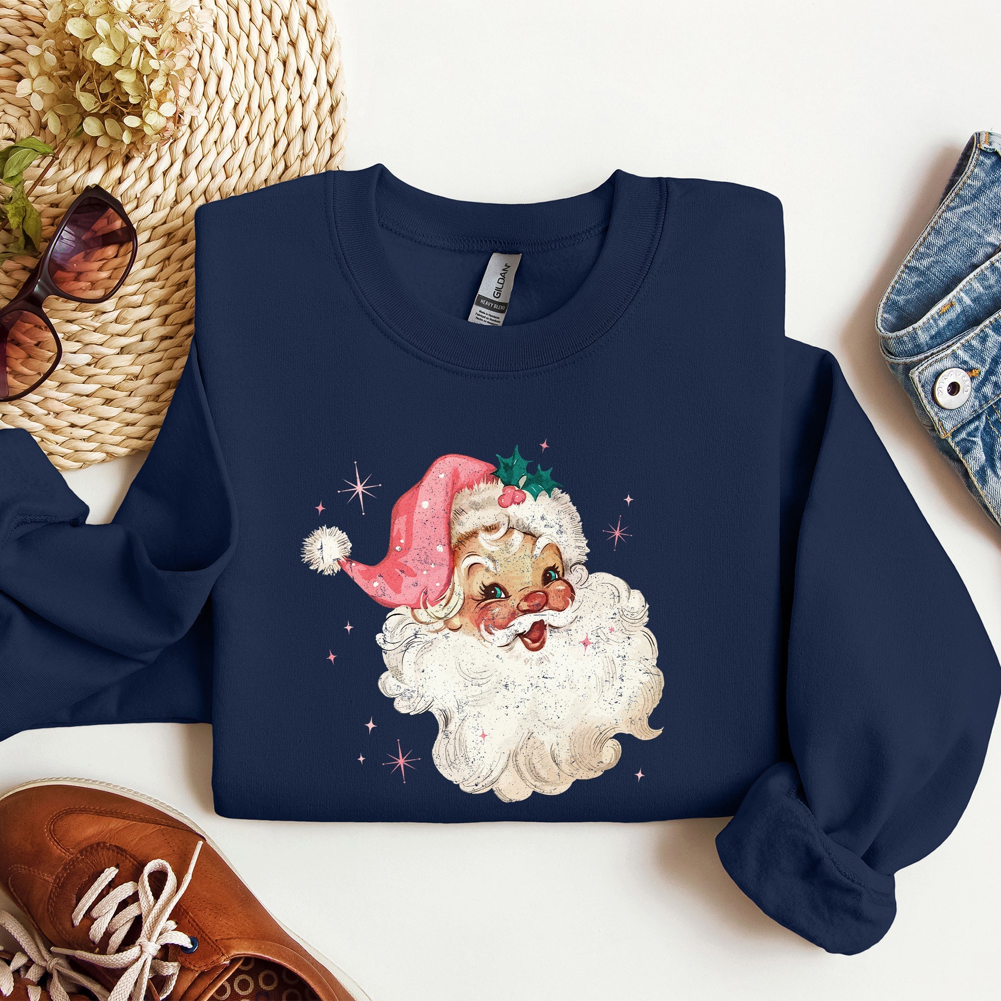 Retro Santa Vintage Classic Christmas Star Motif Warm Cozy Holiday Spirit Sweatshirt