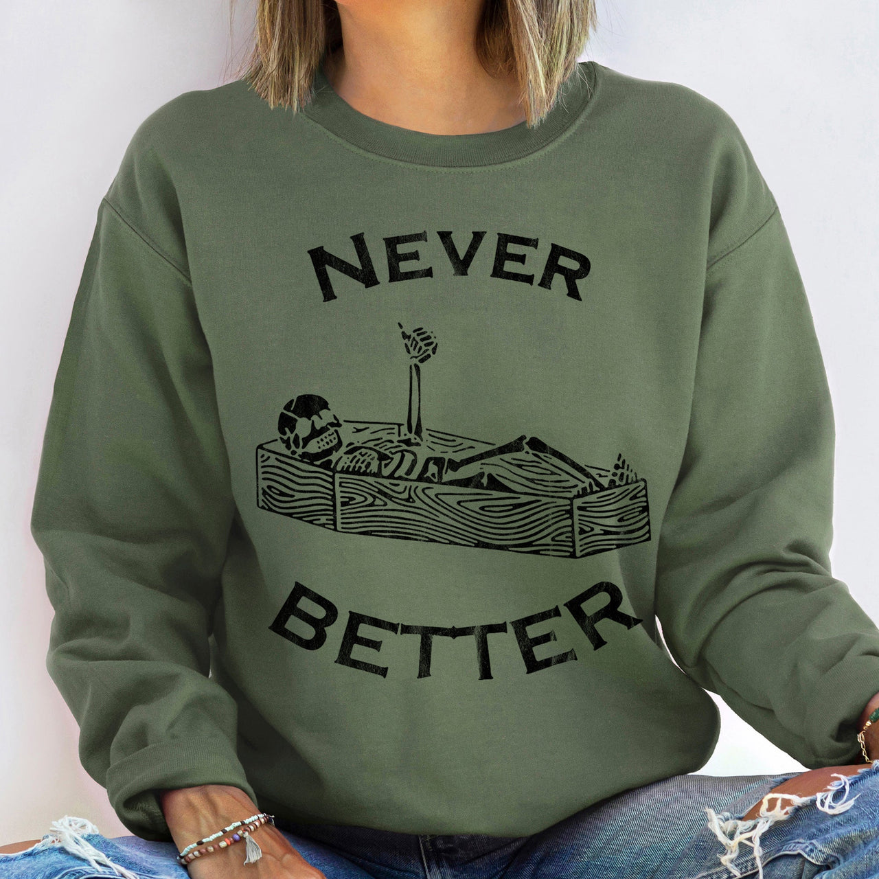 Never Better Coffin Halloween Graphic Sweatshirt