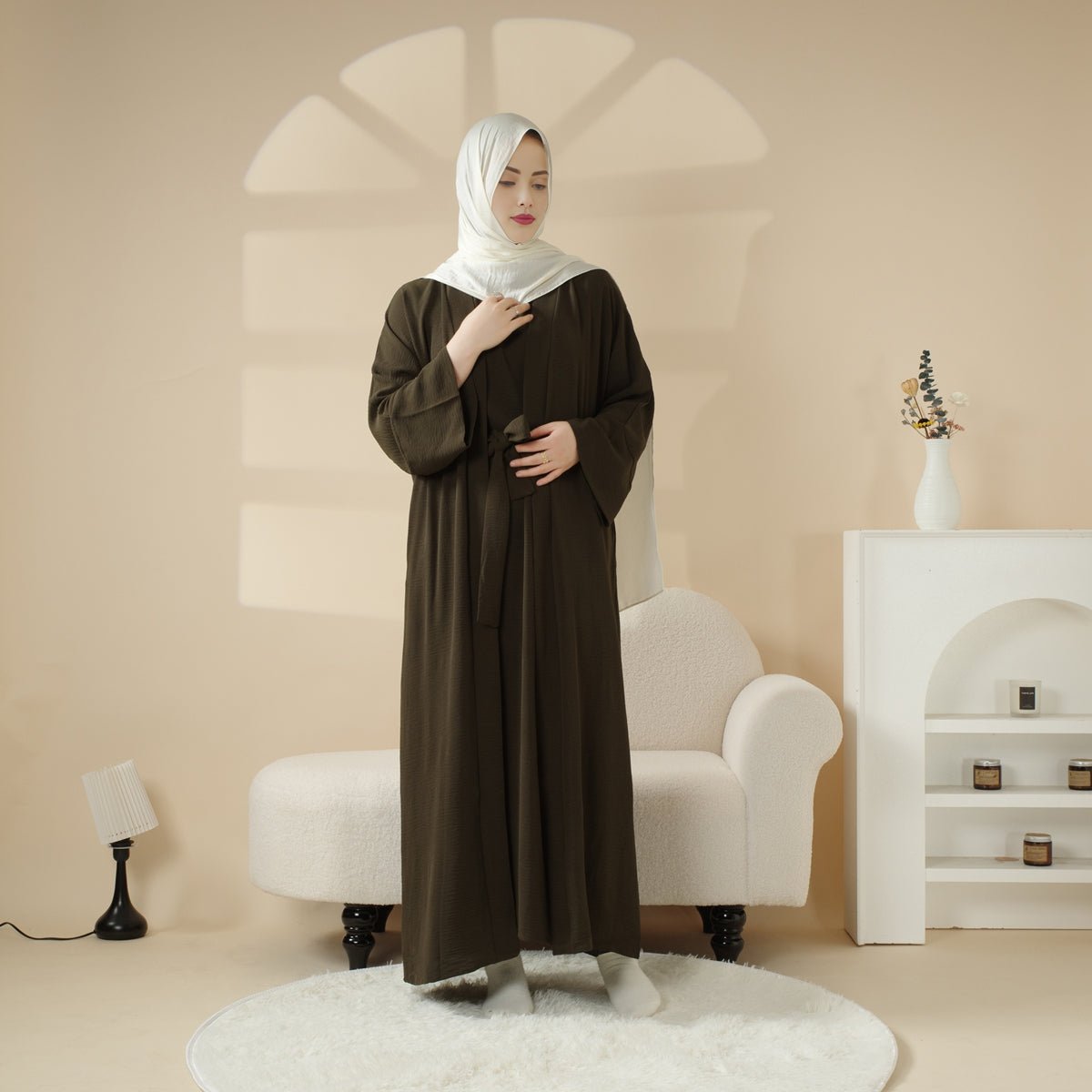 Open Crepe Abaya With Inner Dress & Matching Belt (MOA087)