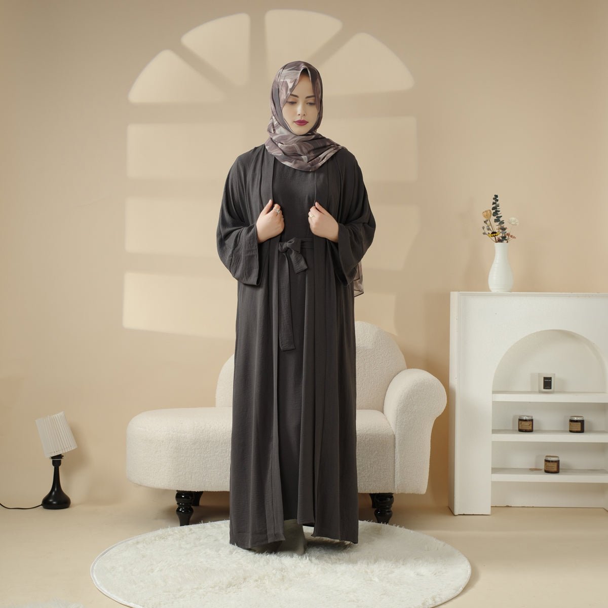 Open Crepe Abaya With Inner Dress & Matching Belt (MOA087)