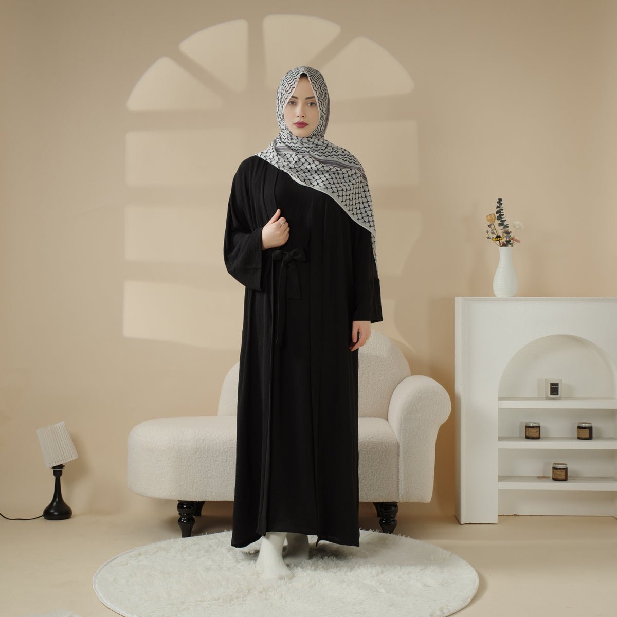 Open Crepe Abaya With Inner Dress & Matching Belt (MOA087)