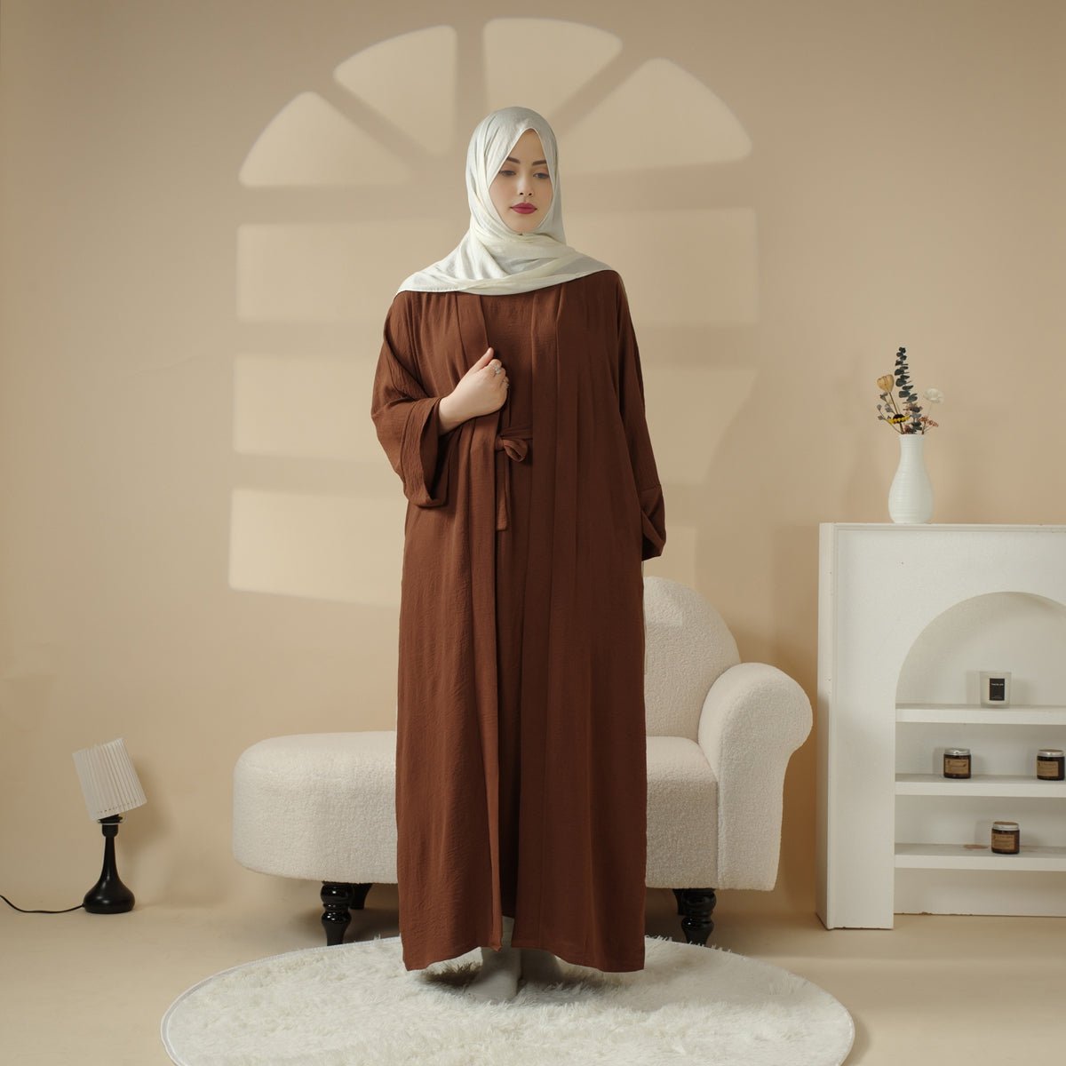 Open Crepe Abaya With Inner Dress & Matching Belt (MOA087)