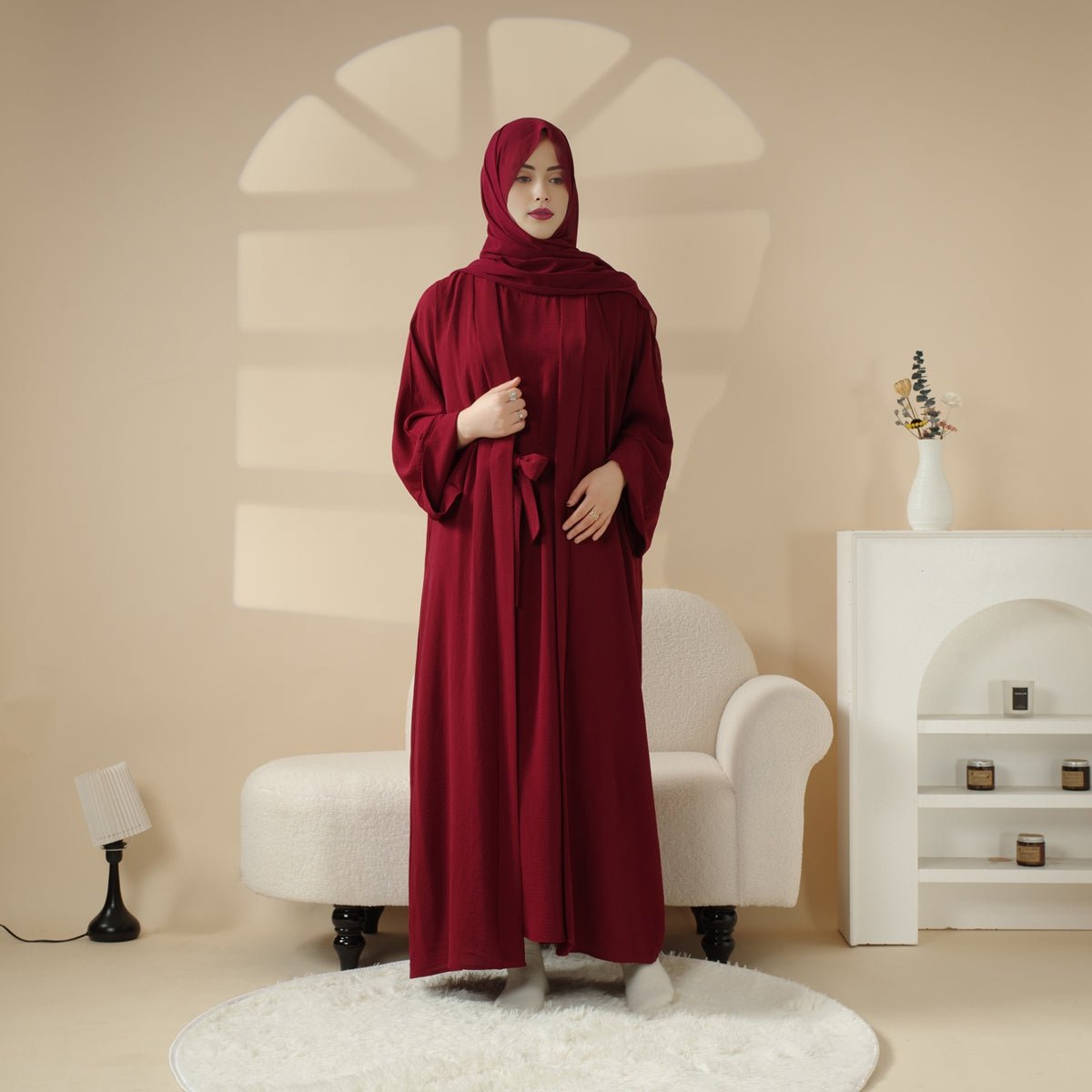 Open Crepe Abaya With Inner Dress & Matching Belt (MOA087)