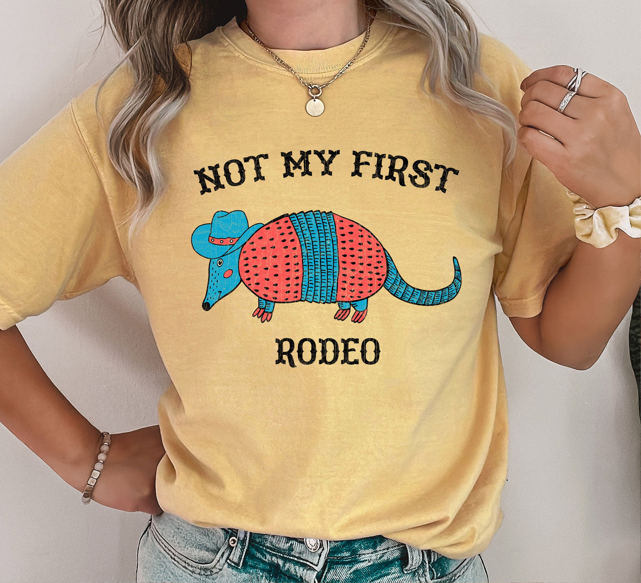 Not My First Rodeo Armadillo Graphic Illustration Featuring Western Humor For Everyday Wear Comfort Colors Tee