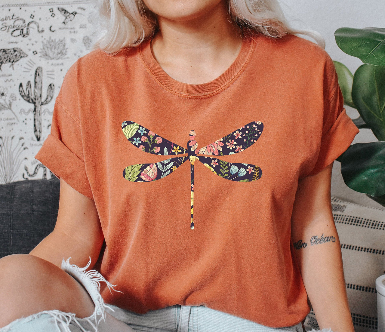 Floral Print Dragonfly NV Floral Garden Design Calming Nature Inspired Comfort Colors Tee