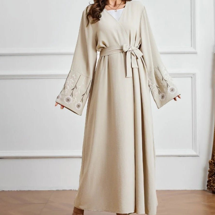 Olive Green Embroidered Abaya Set | Muslim Fashion Cardigan with Belt & Floral Embroidery (MOA166)