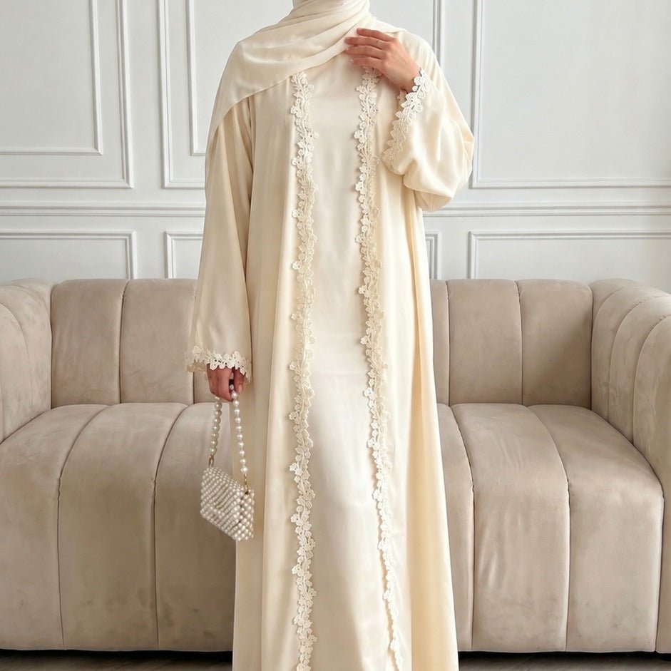 Open Front Abaya with 3D Floral Lace Trim(MOA318)