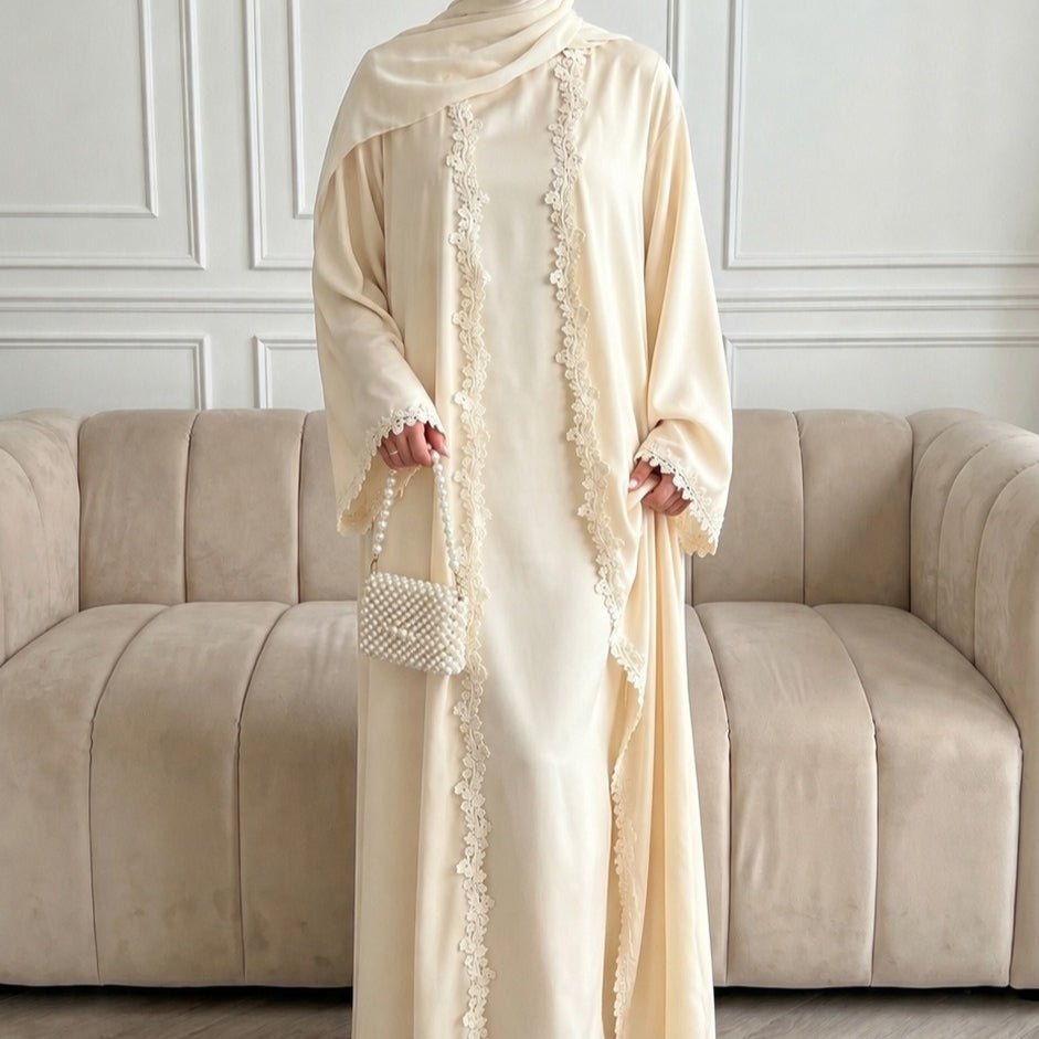 Open Front Abaya with 3D Floral Lace Trim(MOA318)