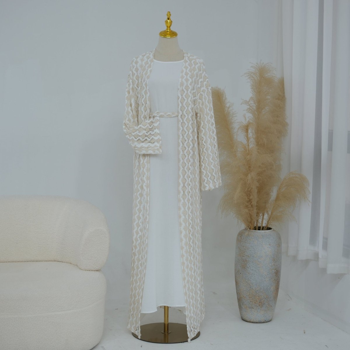 Openwork Lace Knit Open Abaya(MOA327)