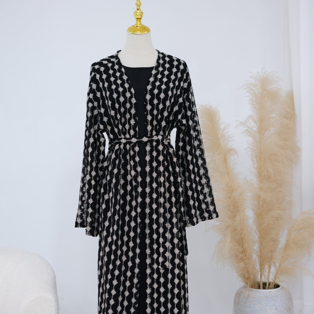 Openwork Lace Knit Open Abaya(MOA327)