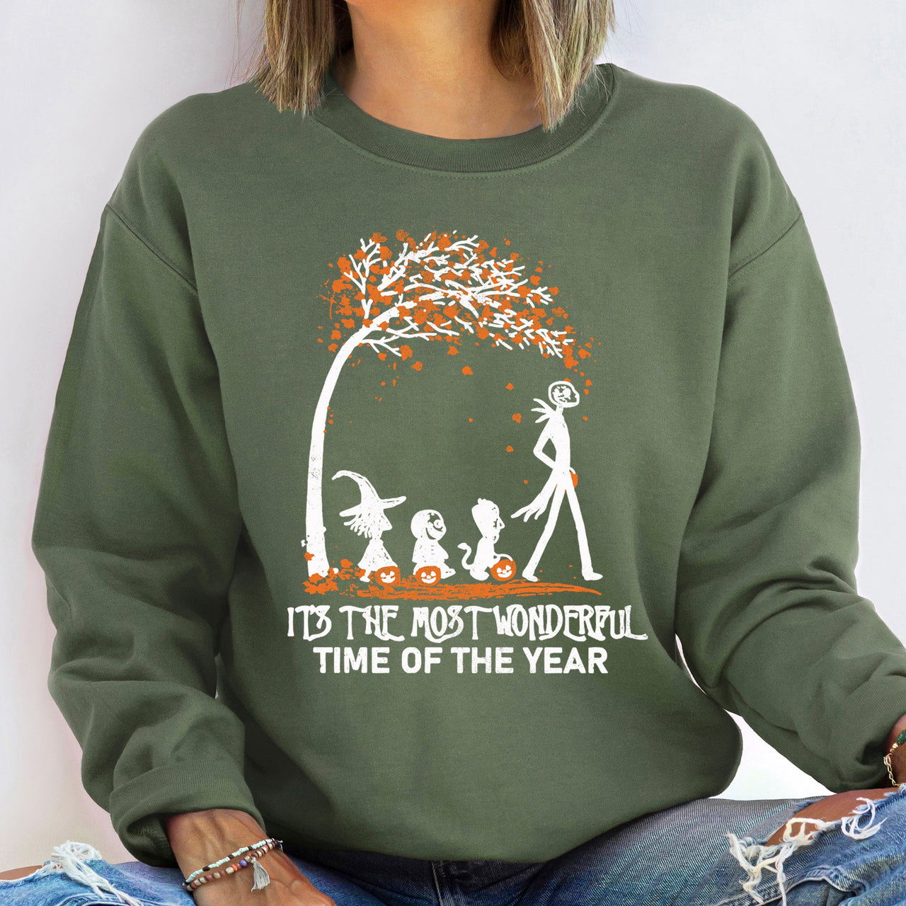Orange Tree Vintage Halloween Spooky Autumn Night Scene With Pumpkins Bats And Owls Graphic Sweatshirt