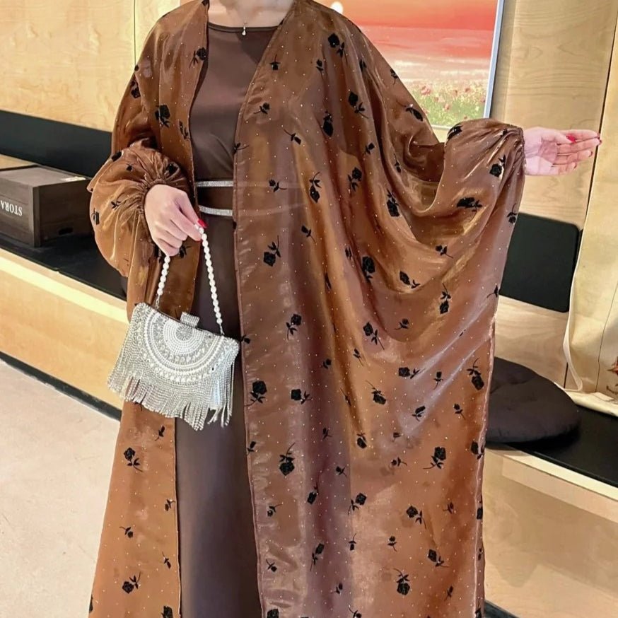 Organza Rose Flower Embroidery Butterfly Open Abaya (MOA115)